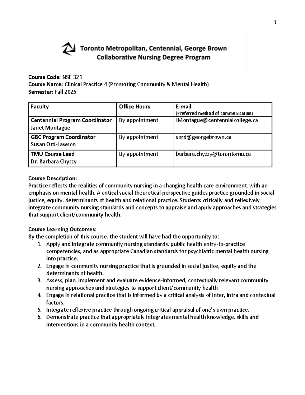 Fall 2025 NSE 321 Clinical Practice 4 Syllabus: Community Mental Health ...