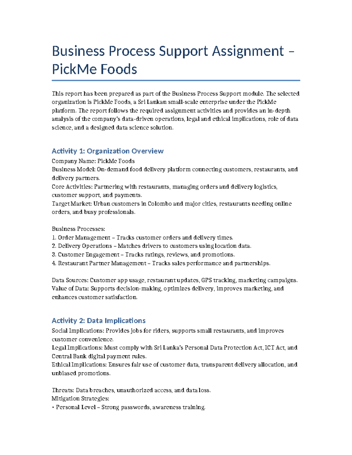 Business Process Support Assignment: PickMe Foods Analysis (BPS 101 ...