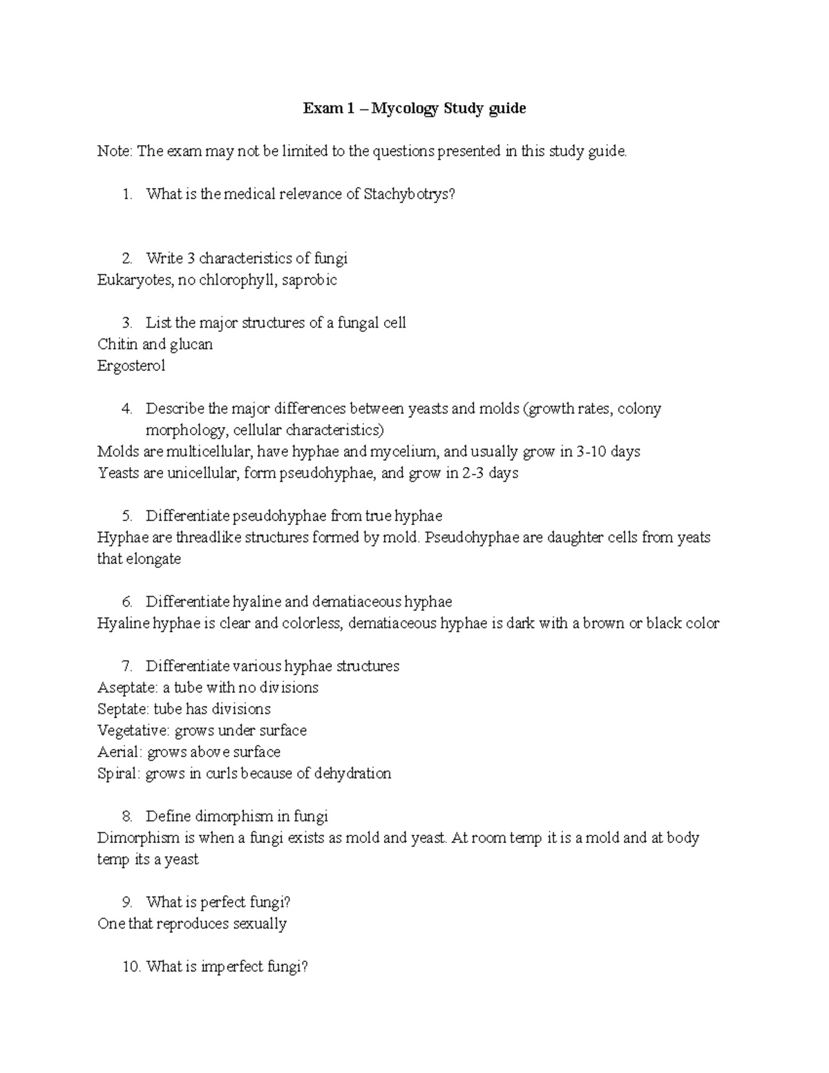 Mycology Exam 1 Study Guide: Key Concepts and Review Questions - Studocu