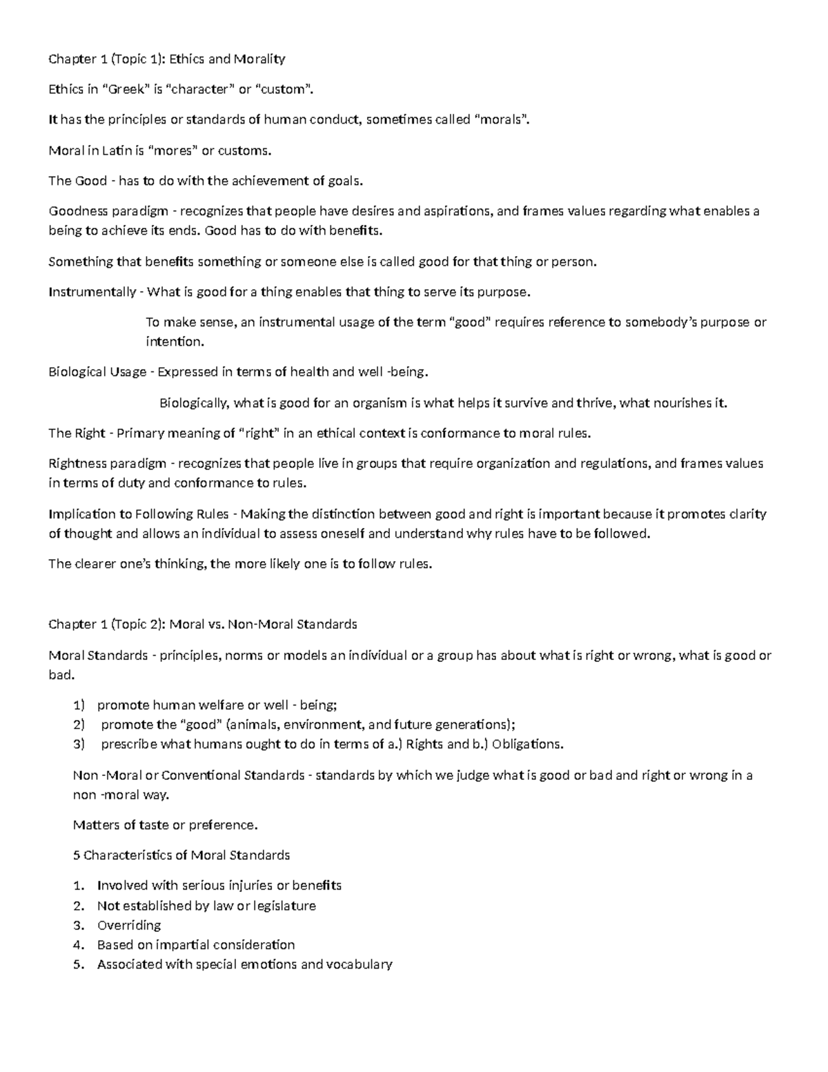 LECTURE NOTES ON ETHICS PH 101: MORALITY, STANDARDS, AND DILEMMAS - Studocu