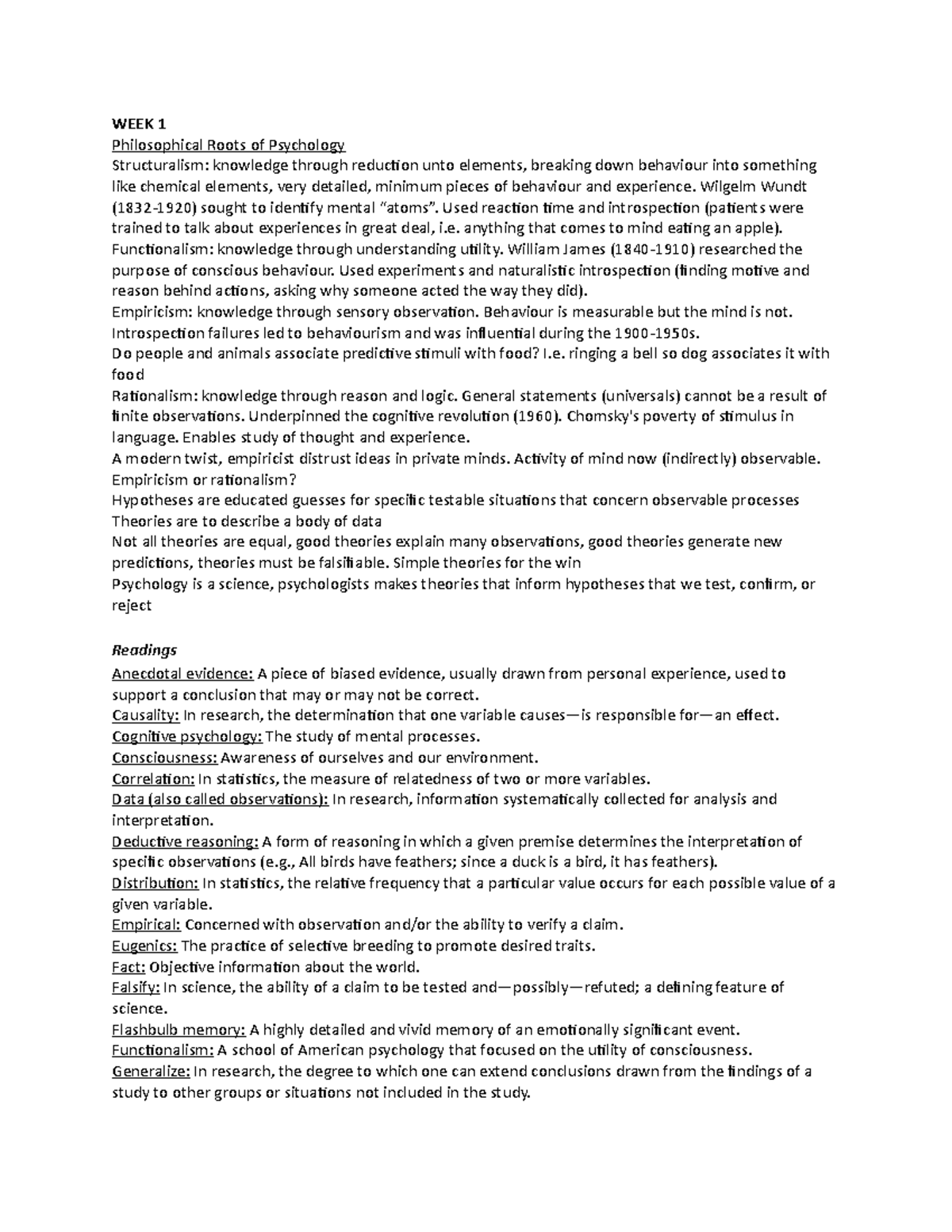 PSYC100 December Exam Notes - WEEK 1 Philosophical Roots of Psychology ...