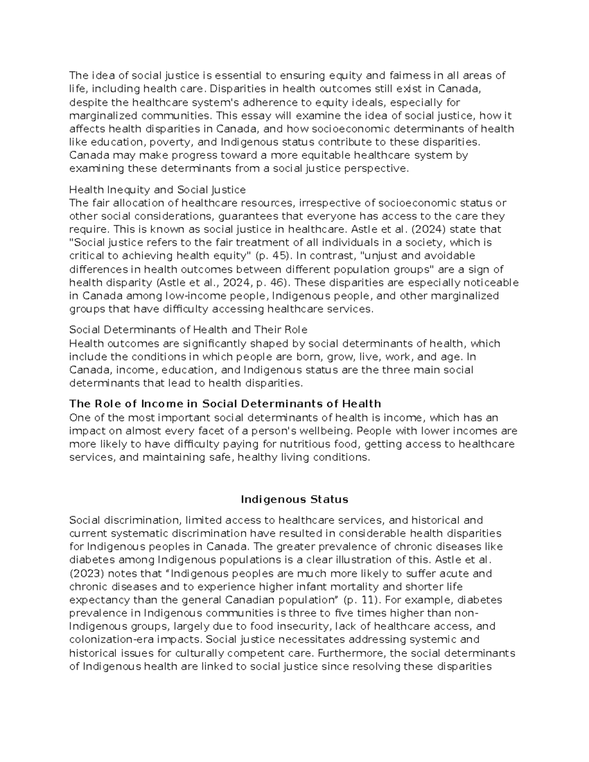 Social injustice and health disparities in Canada: A PNUR103 essay ...