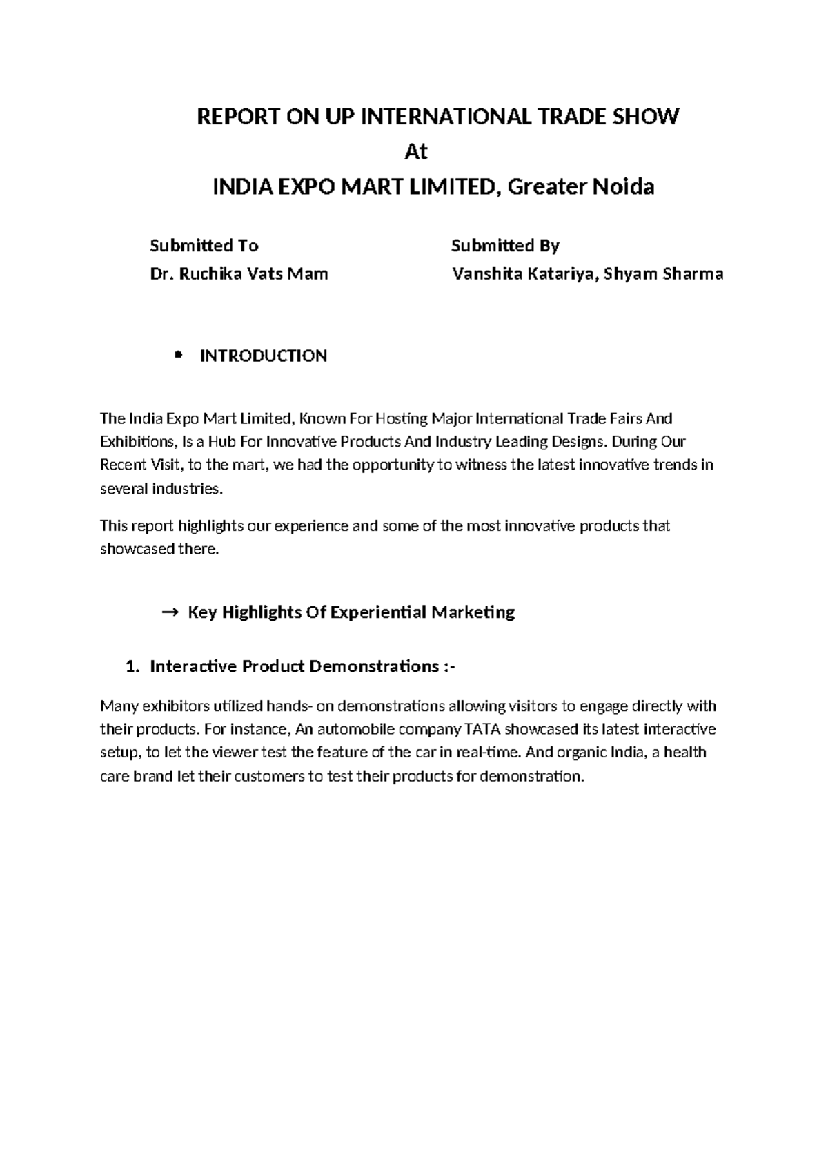 Report ON UP International Trade SHOW - REPORT ON UP INTERNATIONAL ...