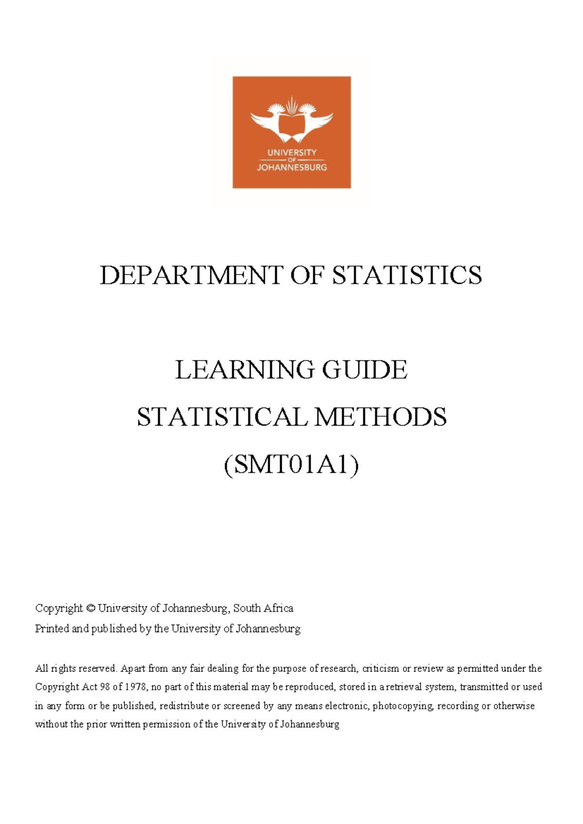 Learning Guide 2026: Statistical Methods (SMT01A1) - Studocu