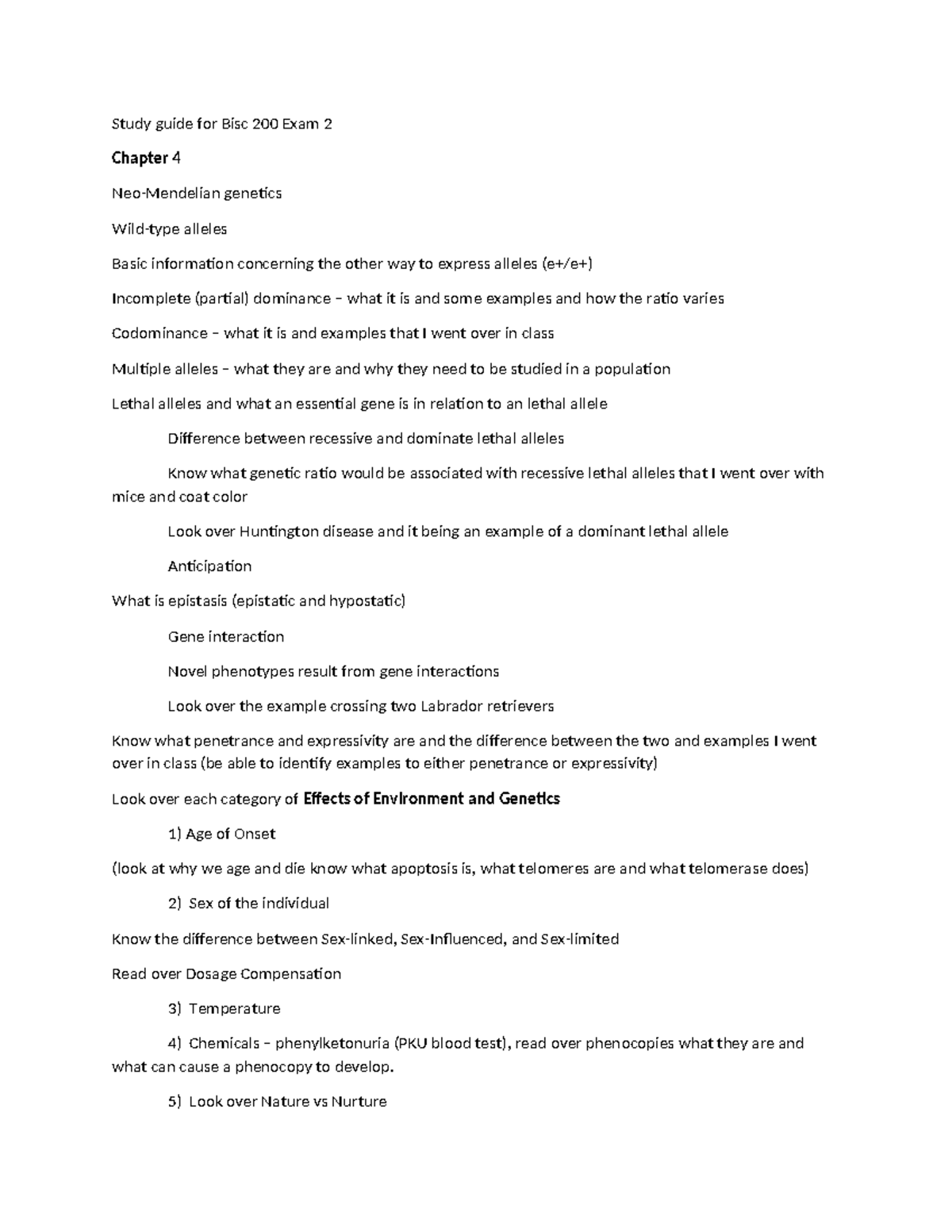 BISC 200 Study Guide for Exam 2: Genetics Key Concepts & Overview - Studocu