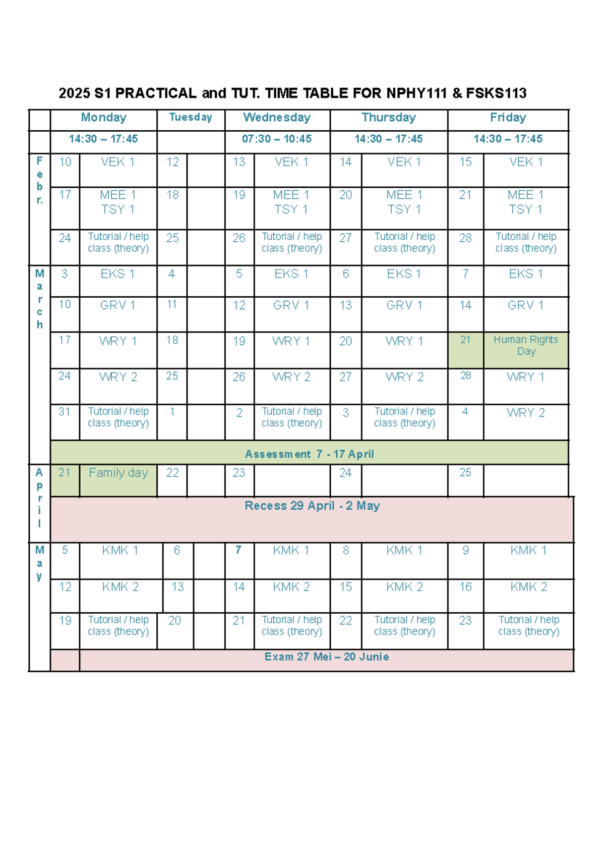 Semester 1Practical Schedule - 2025 S1 PRACTICAL and TUT. TIME TABLE ...