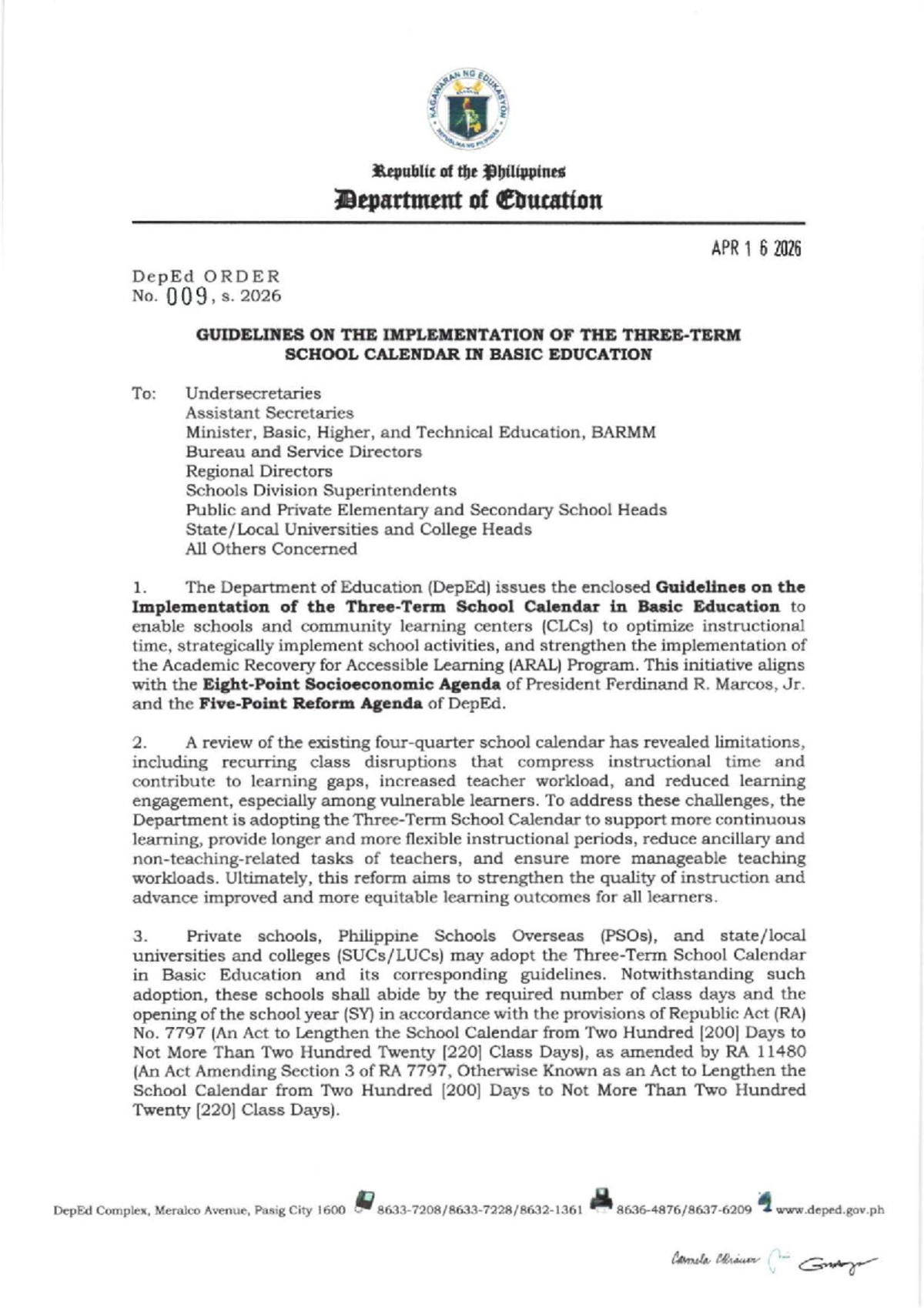 DepEd Order No. 009, s. 2026: School Calendar Guidelines for SY 2026-2027 - Document Preview