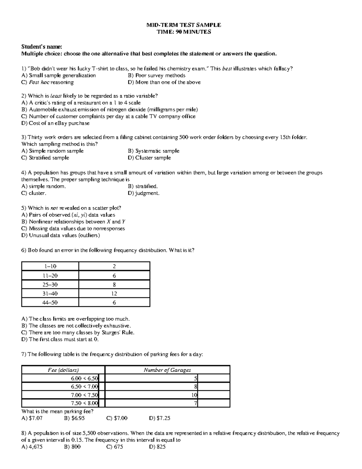 Mid-term 1 - sample - MID-TERM TEST SAMPLE TIME: 90 MINUTES Student’s ...