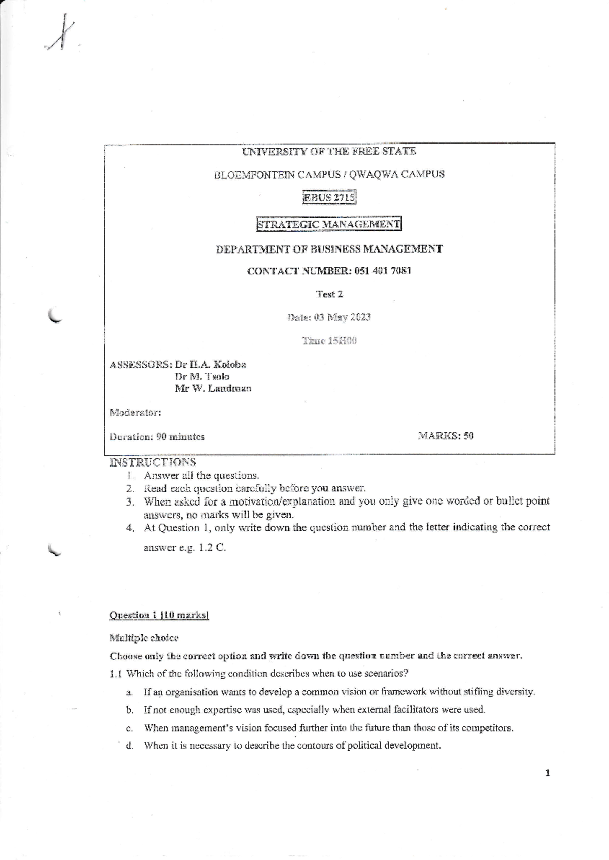 Ebus2715 Test 2: Strategic Management and Case Study Analysis - Studocu
