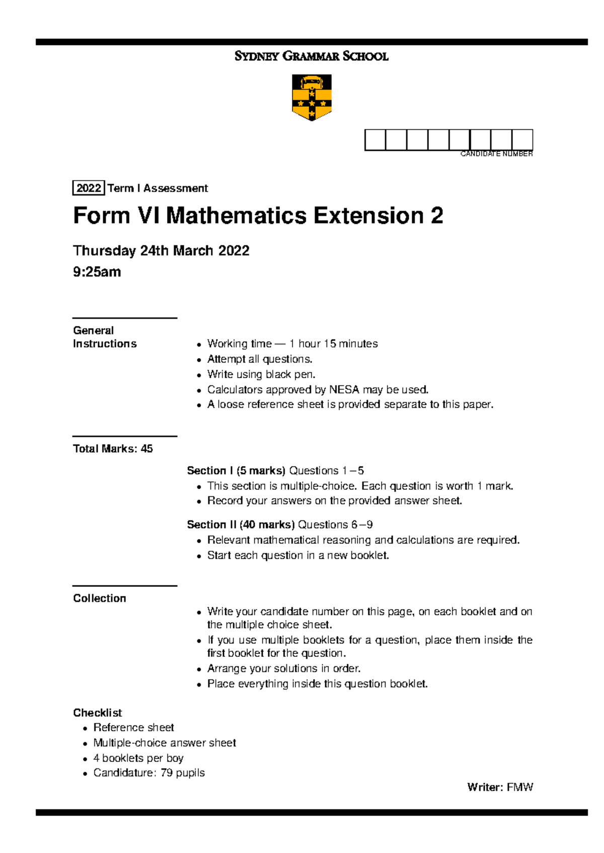 Form VI Mathematics Extension 2 Term I Past Paper - March 2022 - Studocu