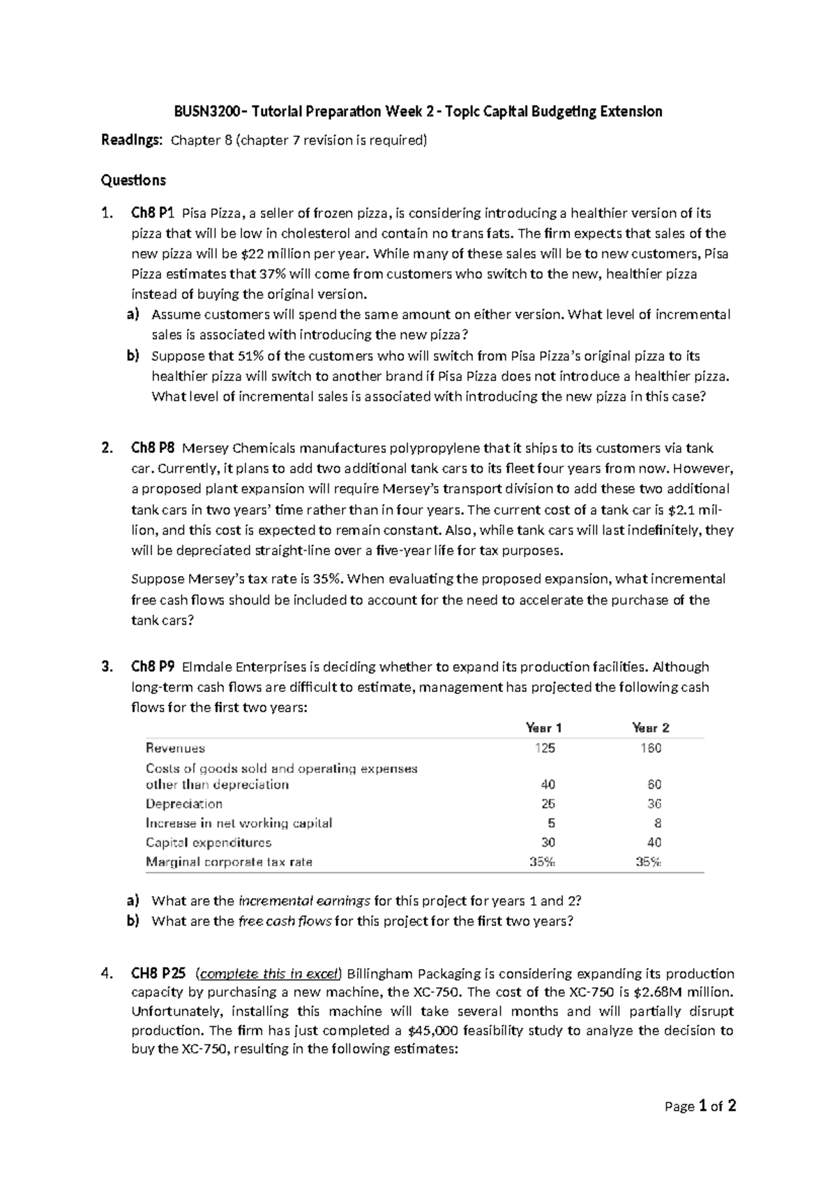 BUSN3200 W2 Tutorial: Capital Budgeting & Incremental Sales Analysis ...