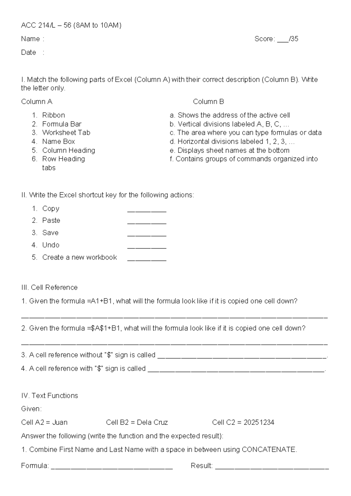 ACC 56 Excel Functions & Shortcuts Seatwork Guide - Studocu