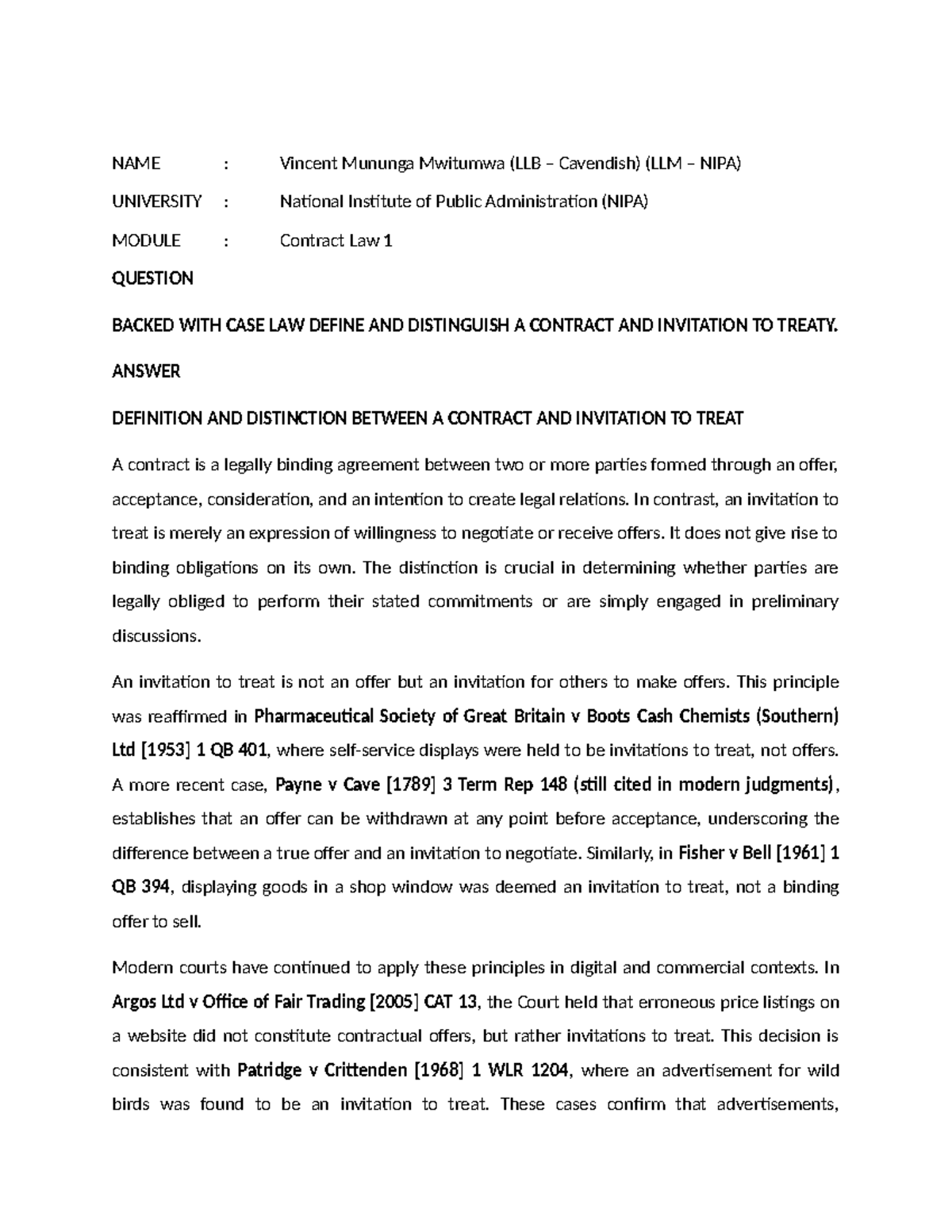 Contract Law 1: Distinction Between Contract & Invitation to Treat ...
