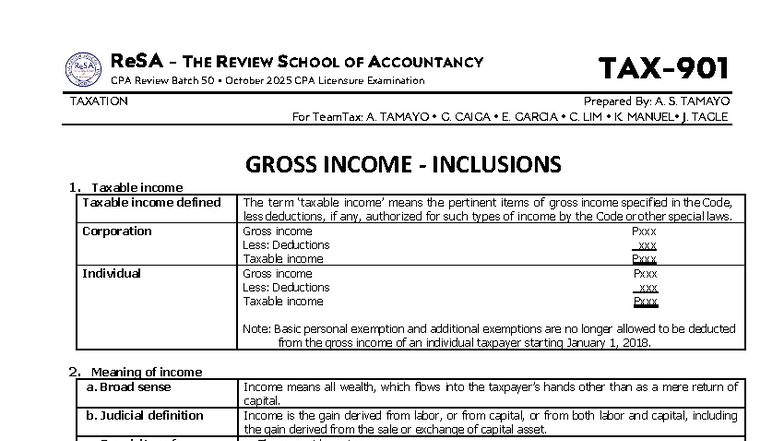 TAX-901: Gross Income Inclusions for CPA Review Batch 50 - Studocu