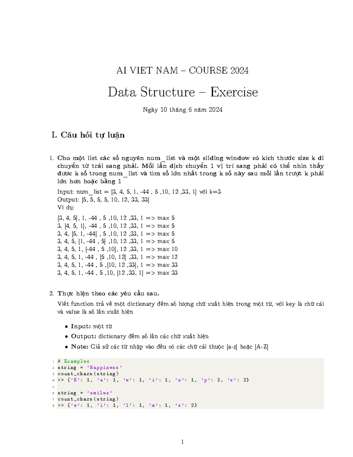 AI VIET NAM COURSE 2024 Data Structure Exercises and Solutions - Studocu
