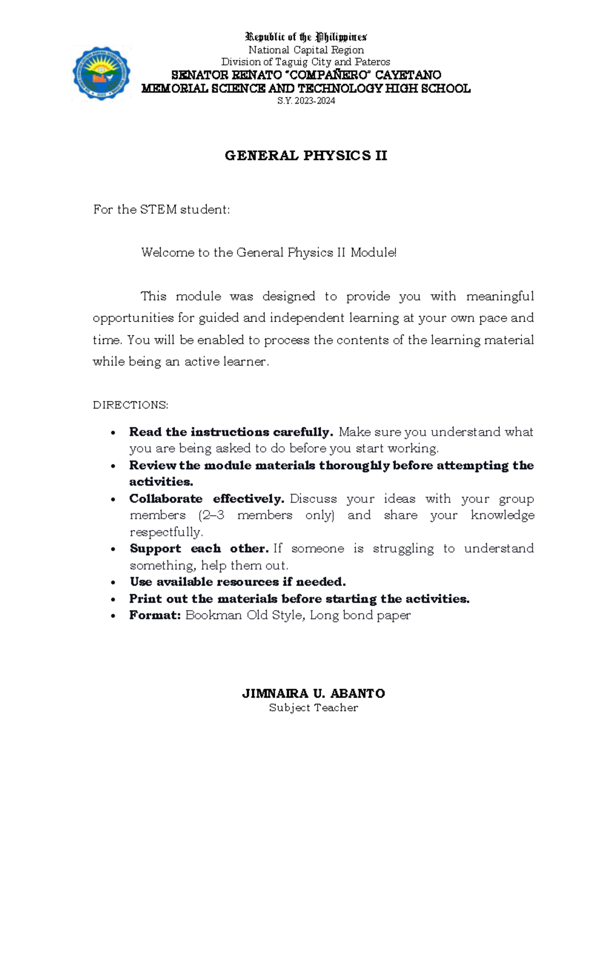 General Physics II (PHY202): Comprehensive Learning Module on ...
