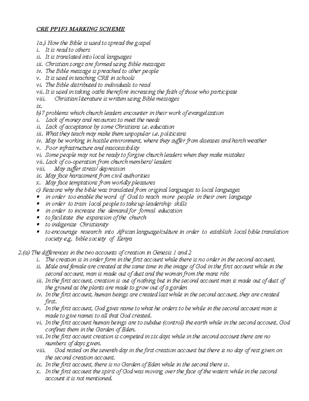 CRE P1 MS 3 - MARKING SCHEME FOR CRE PAPER ONE QUESTIONS - Studocu