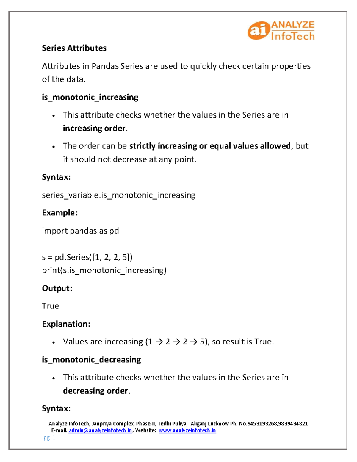 Pandas Series Methods and Attributes Overview (CS101) - Studocu