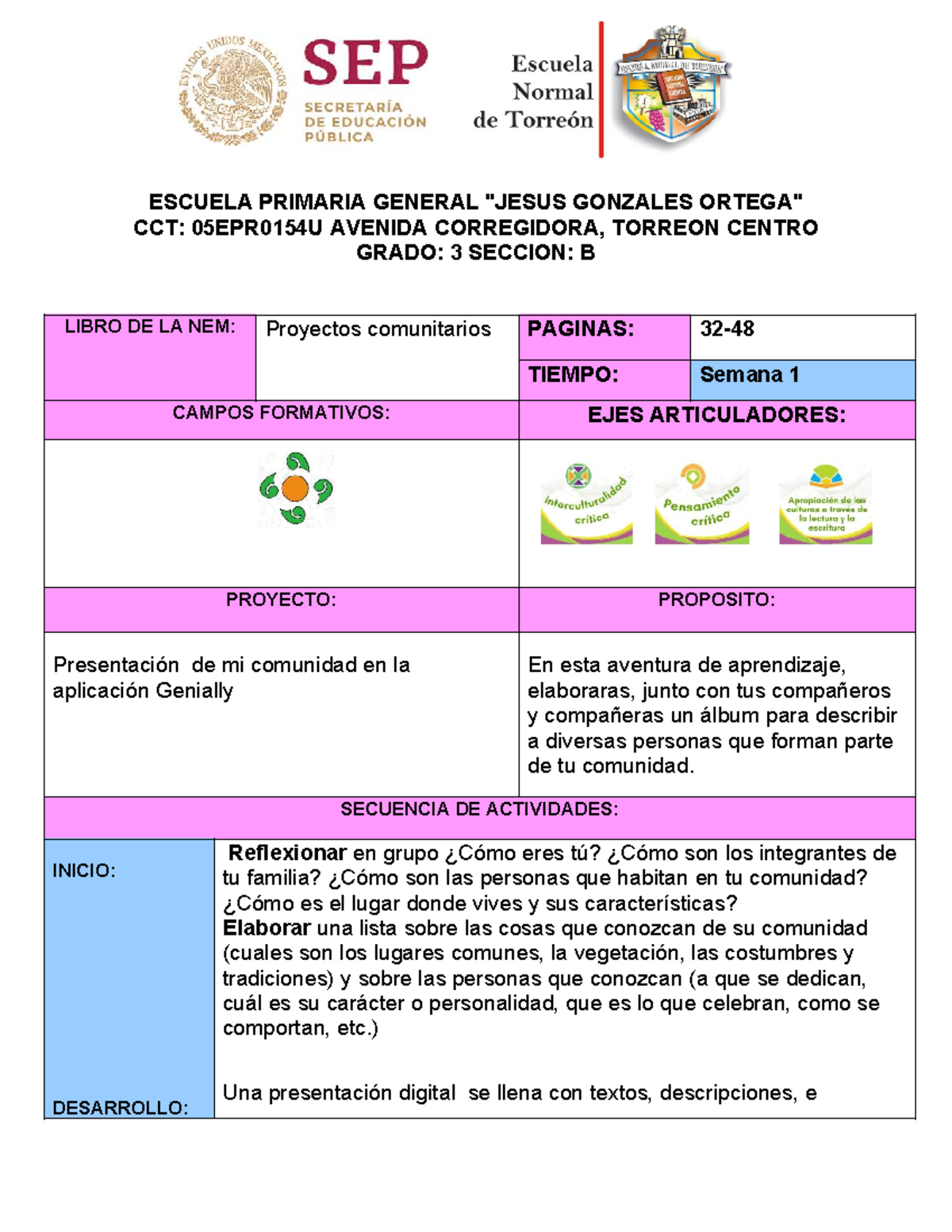 Planeación de Actividad: Proyectos Comunitarios - 3° B - Studocu