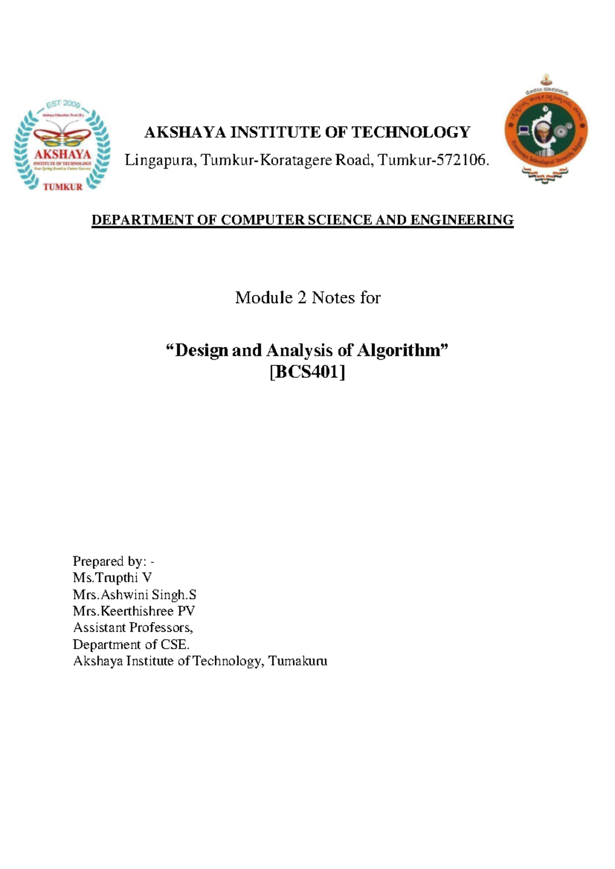 ADA 2: Module 2 Notes on Algorithm Design & Analysis - Studocu