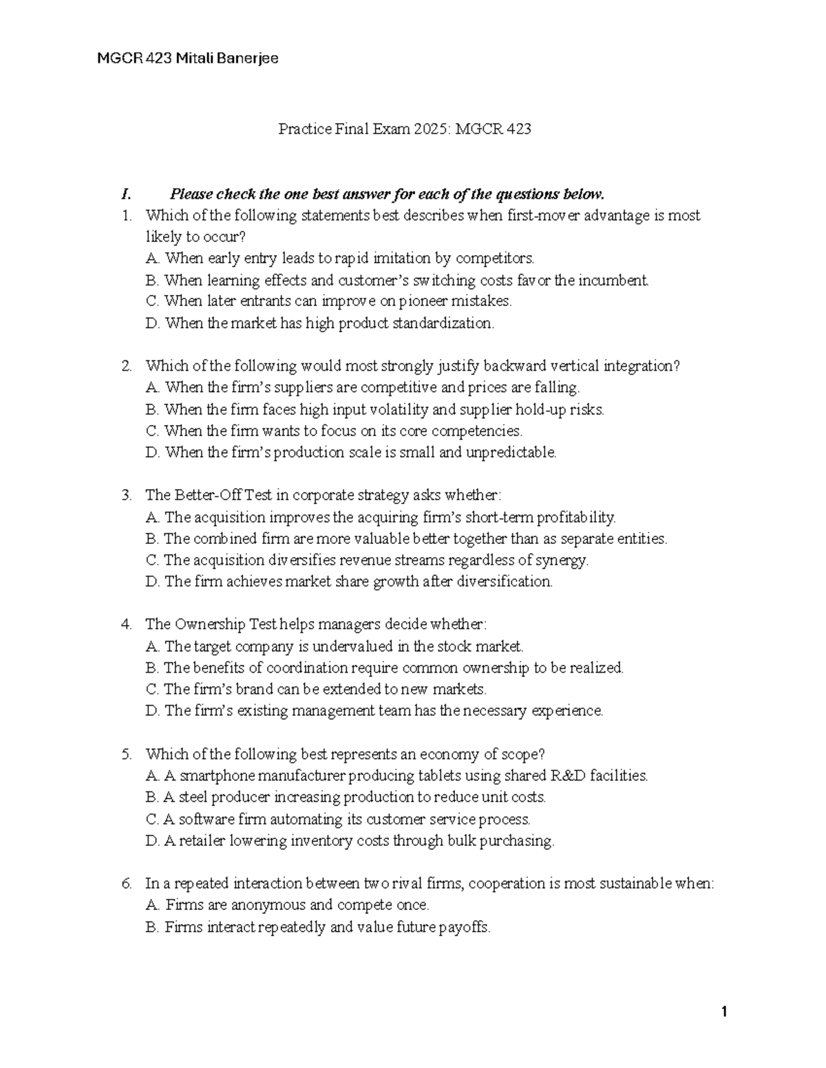 MGCR 423 Practice Final Exam 2025: Key Concepts & Answers - Studocu