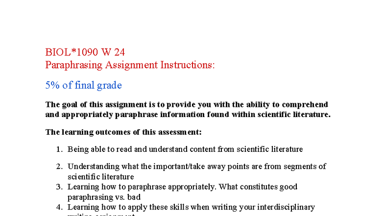 BIOL 1090 Paraphrasing Assignment Guidelines for Final Grade - Studocu