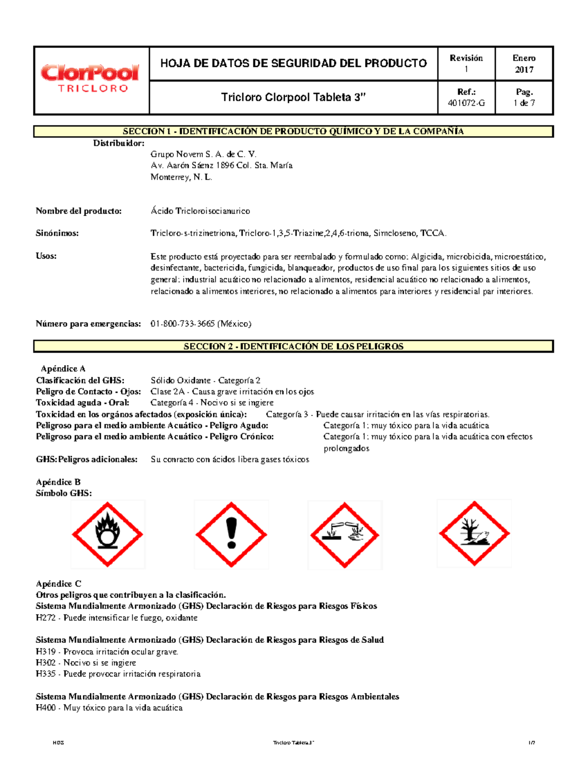 Hoja de Datos de Seguridad del Producto: Tricloro Tabletas HDS (Ref. 401072-G) - Document Preview