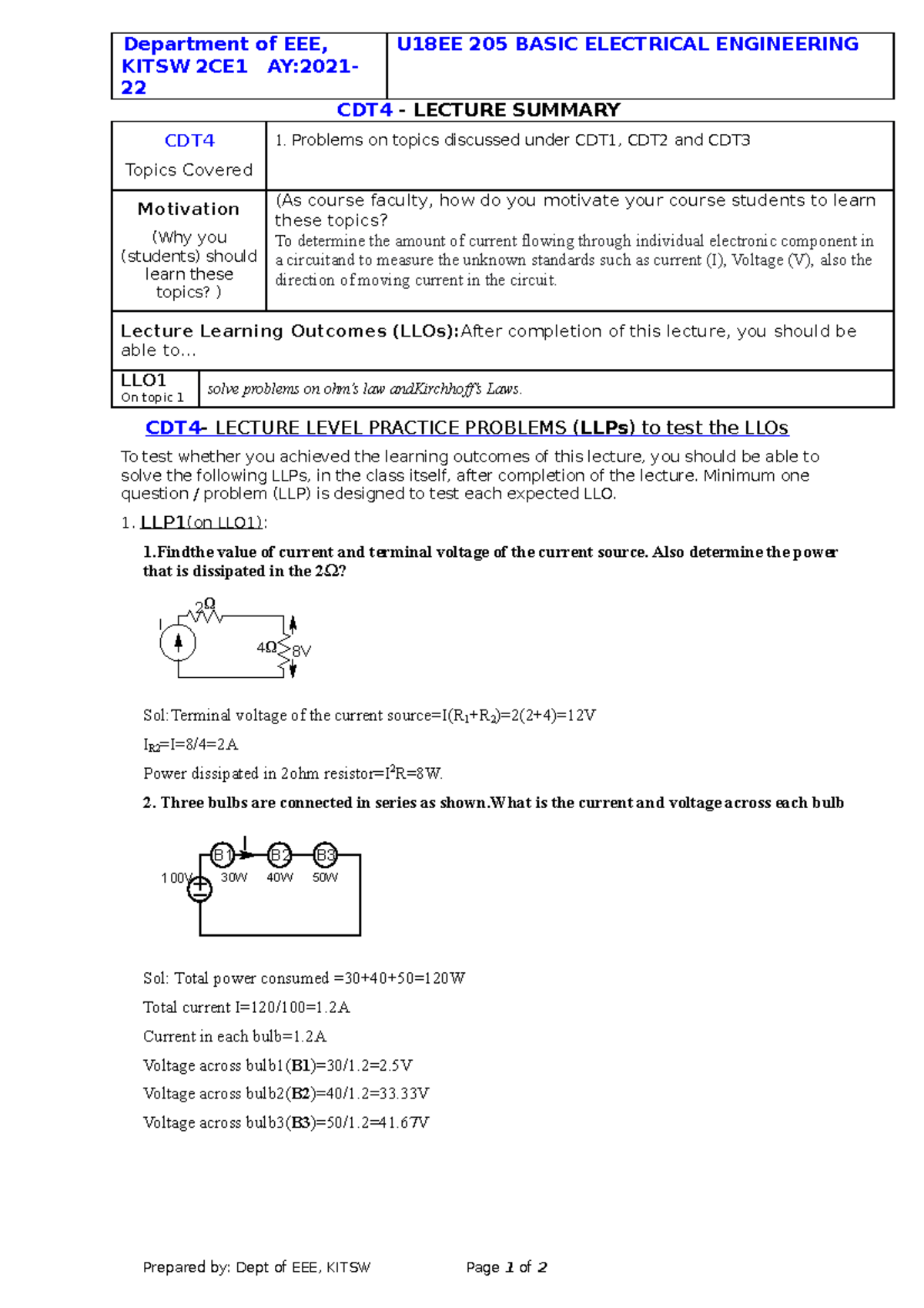Bee 4 Summary Notes For Bee Department Of Eee Kitsw 2ce1 Ay 2021