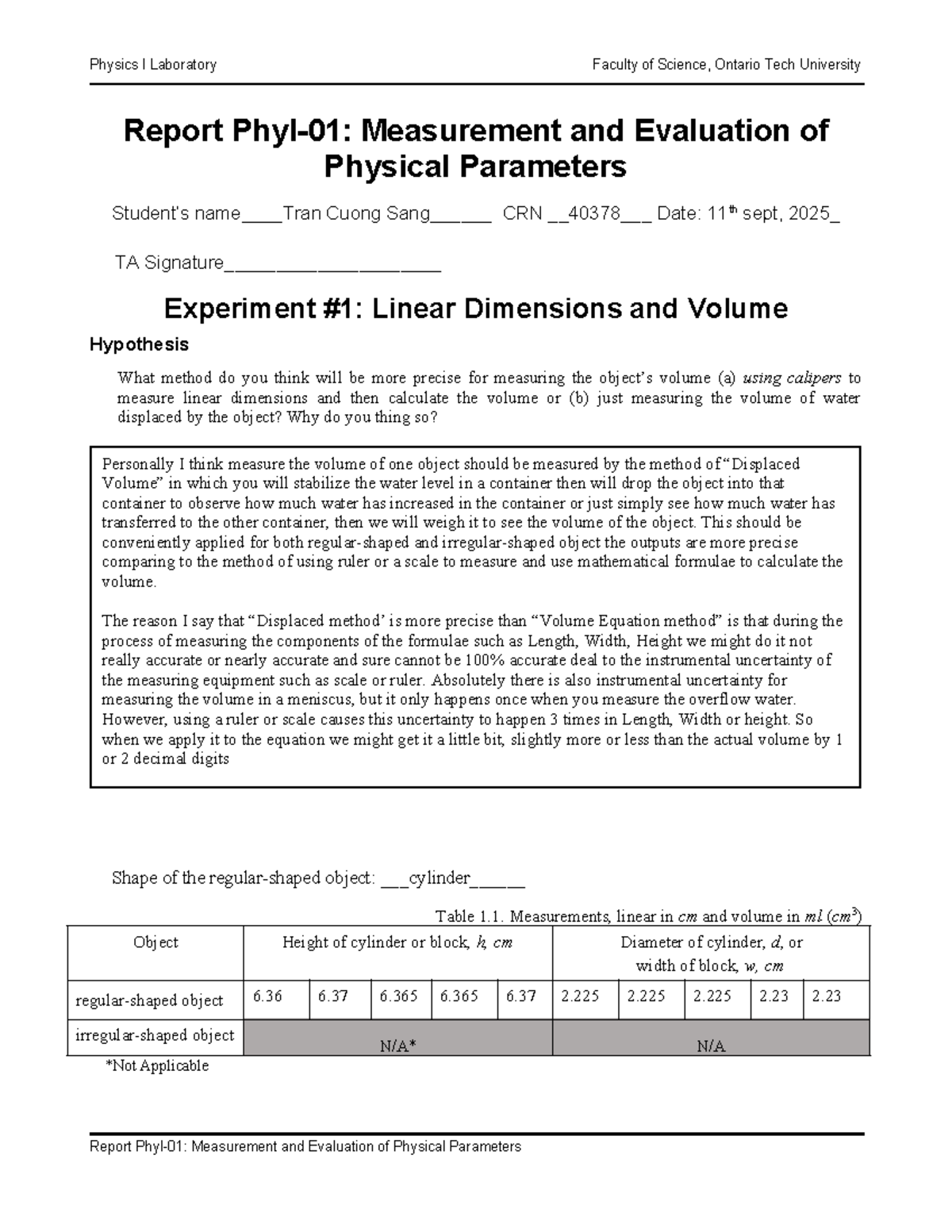 Physics I Lab Report: Measurement & Evaluation of Physical Parameters ...