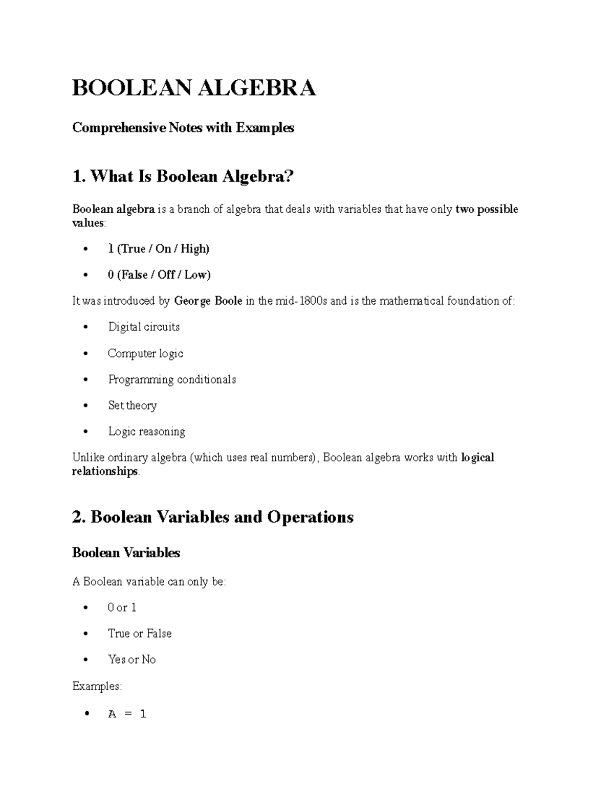 BOOLEAN ALGEBRA Comprehensive Notes & Examples for Exam Prep - Studocu
