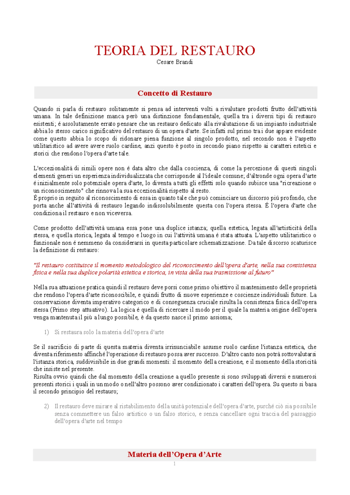 Riassunto Teorico sul Restauro secondo Cesare Brandi - Corso Restauro ...