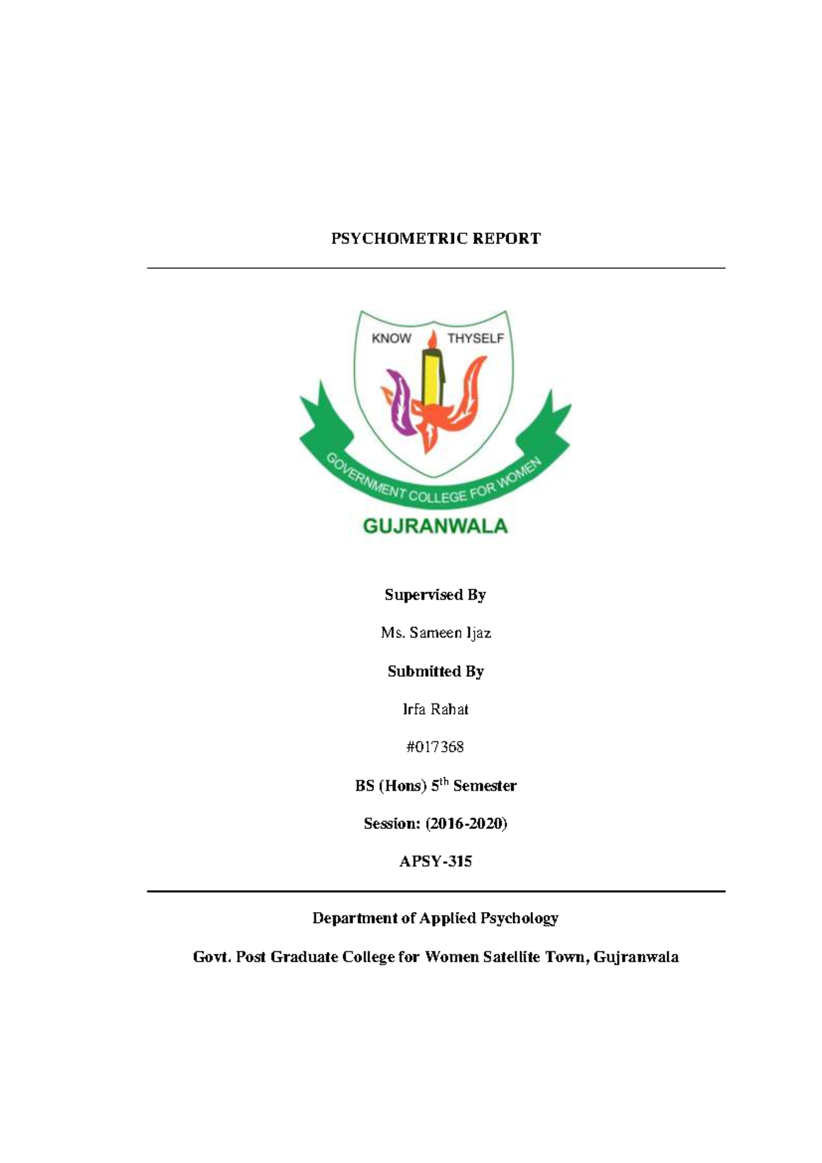 Psychometric Report - Its psychological assessment tests ...