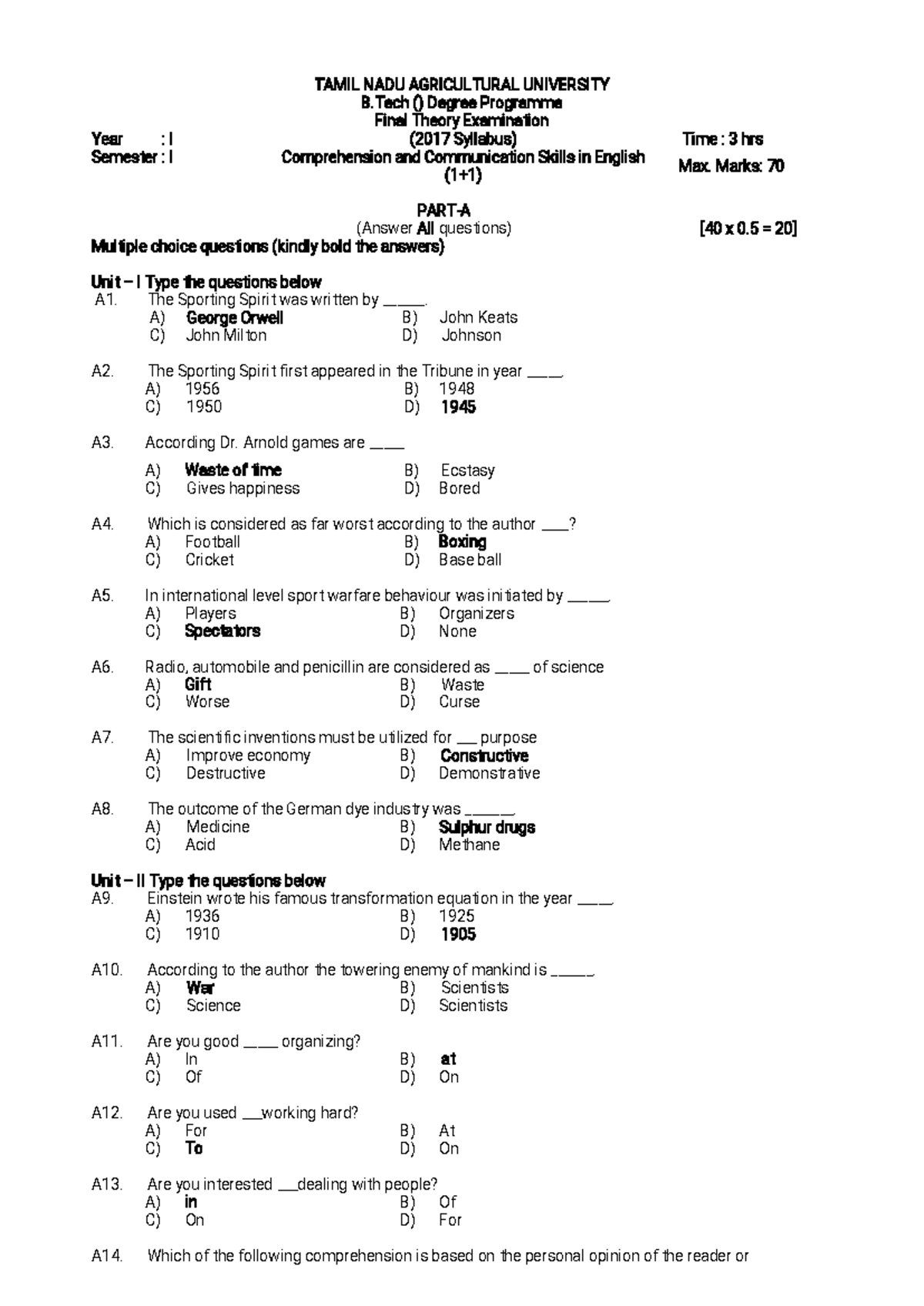ENG 101 Final Theory Model Question Paper for 70 Marks - Studocu