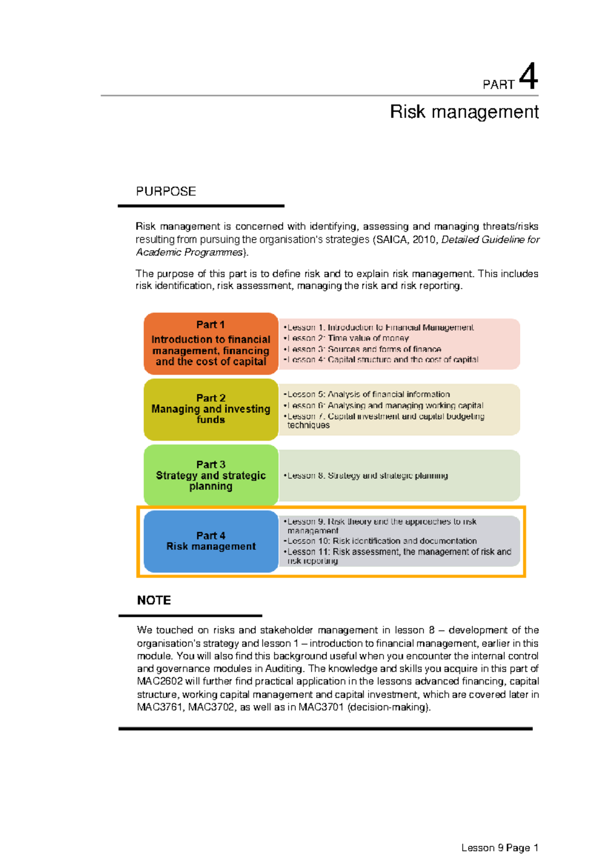 Lesson 9: RISK Theory and Approaches to RISK Management (MAC2602) - Studocu