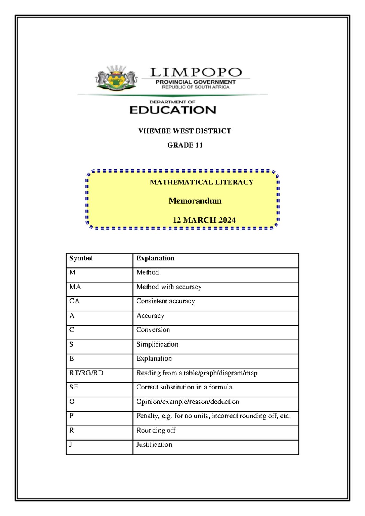 Grade 11 Mathematical Literacy March 2024 Test Memo - Vhembe West - Studocu