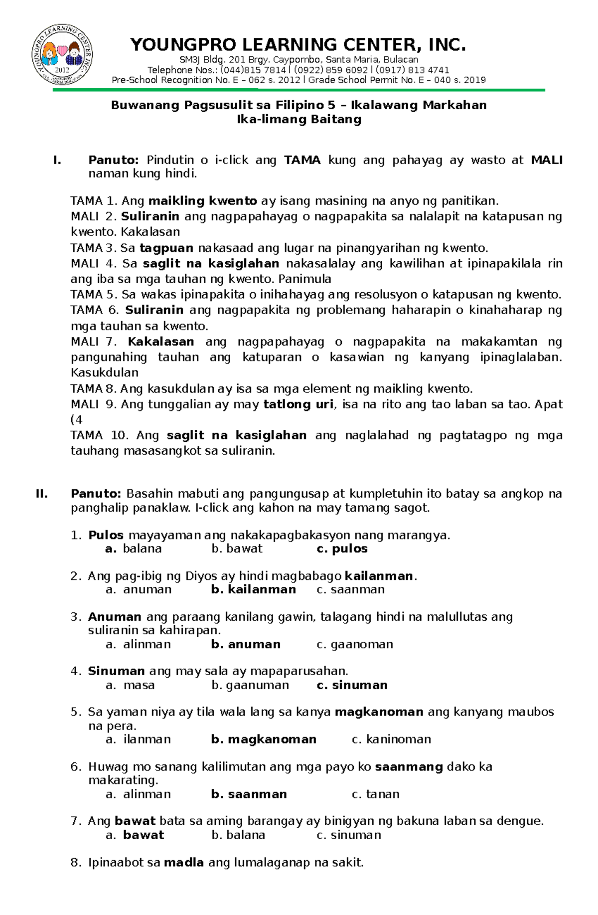 Filipino 5 - Sample Test for Ikalawang Markahan - Studocu