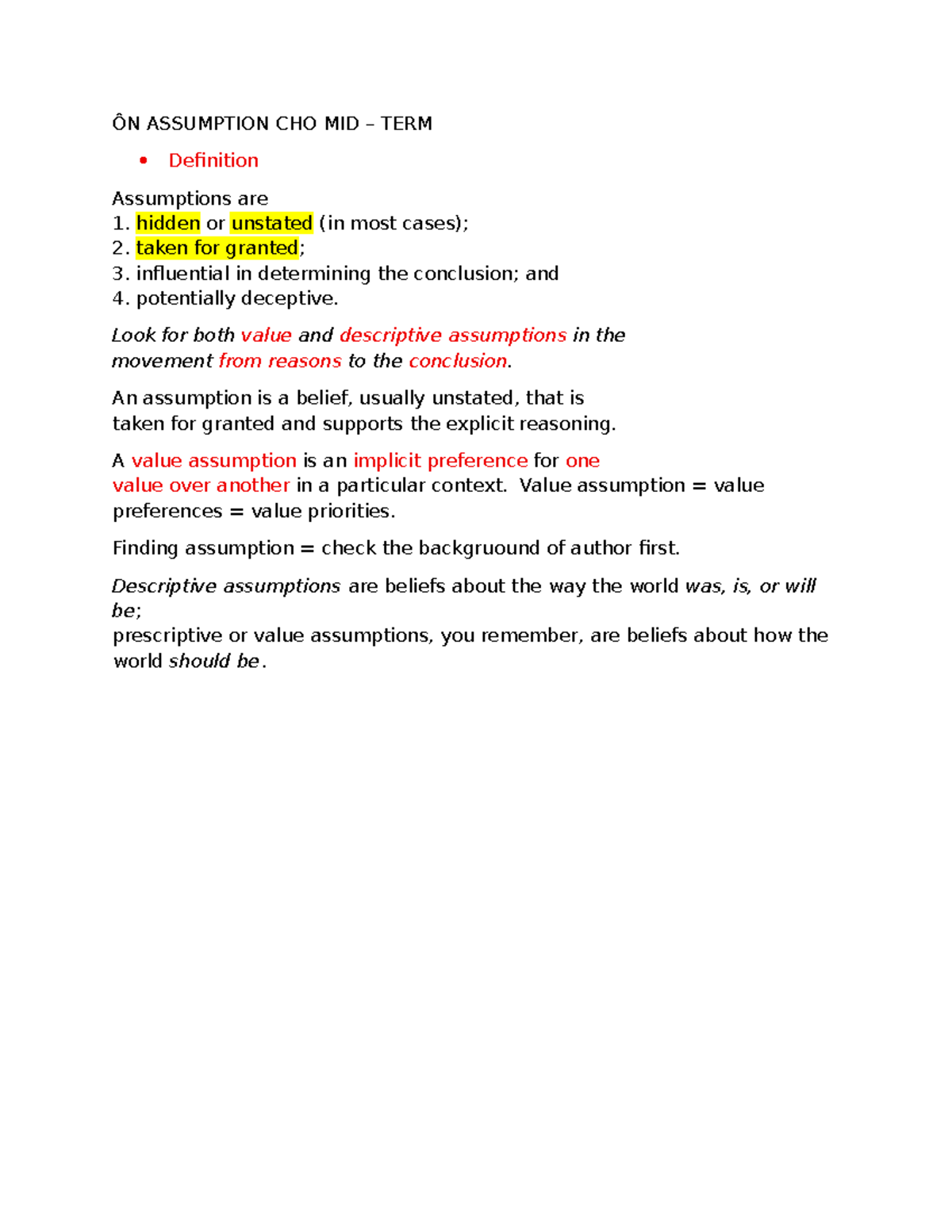 ÔN ASSUMPTION CHO MIDTERM: Understanding Value and Descriptive ...