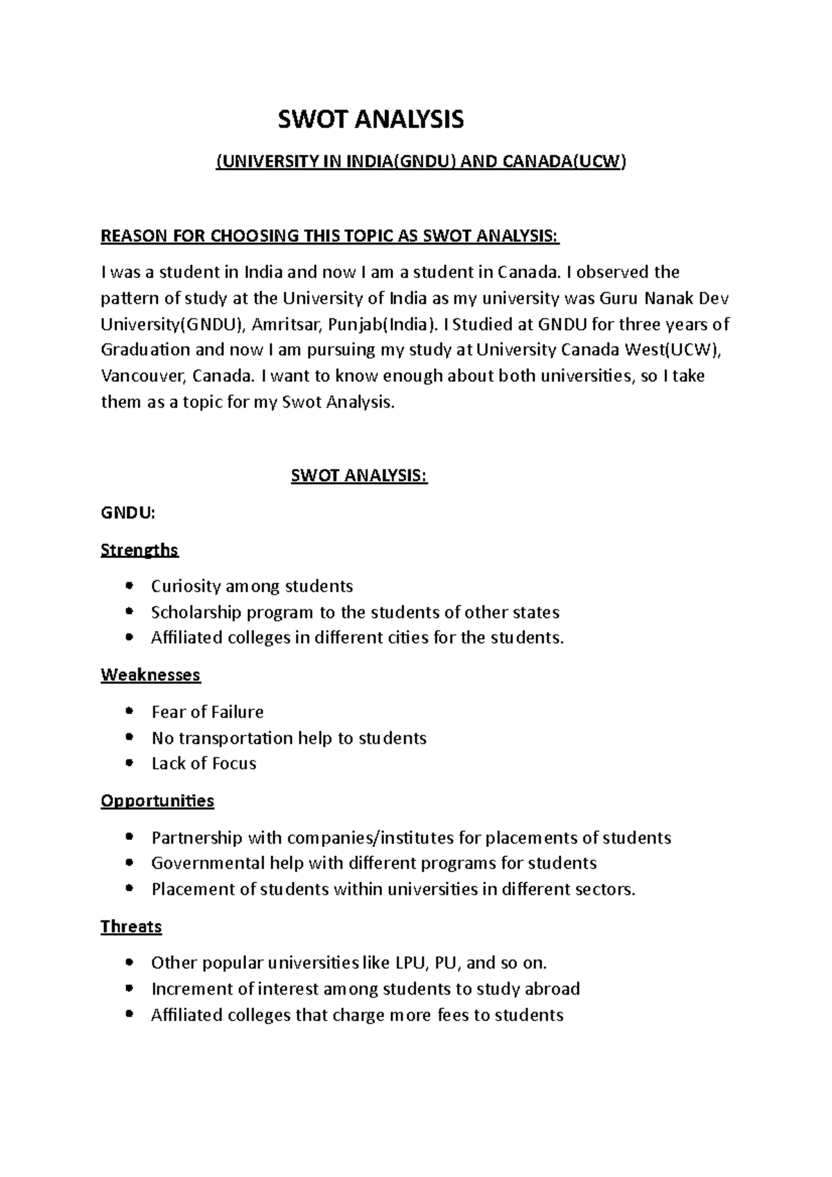 SWOT Analysis of GNDU (India) & UCW (Canada) for Students - Studocu