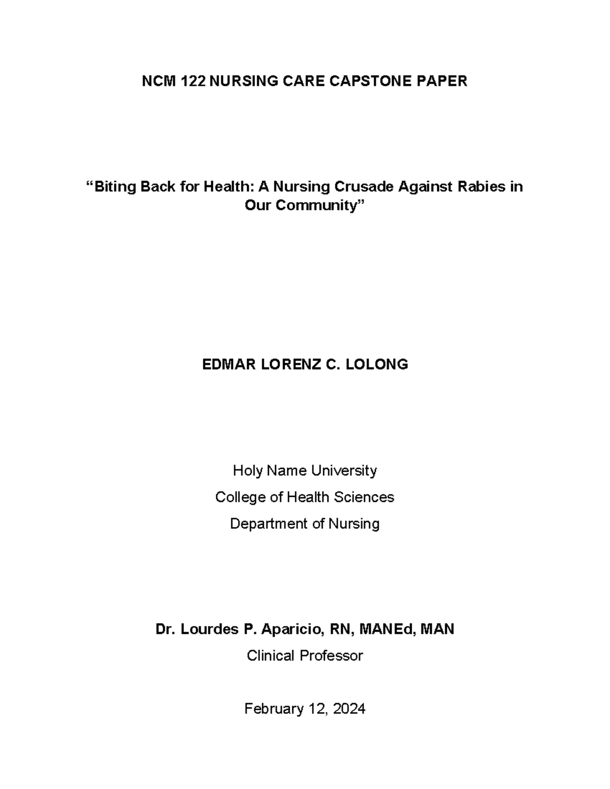 NCM 122 Nursing Care Capstone: Combatting Rabies in Our Community - Studocu
