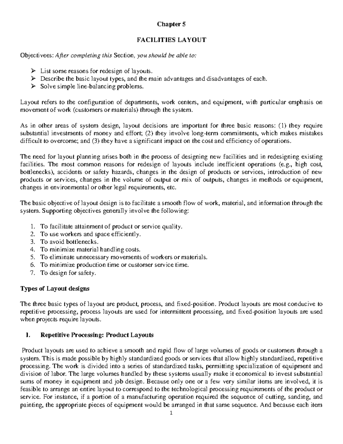 OM Chapter 5 - Facilities Layout and Line Balancing Exam Notes - Studocu