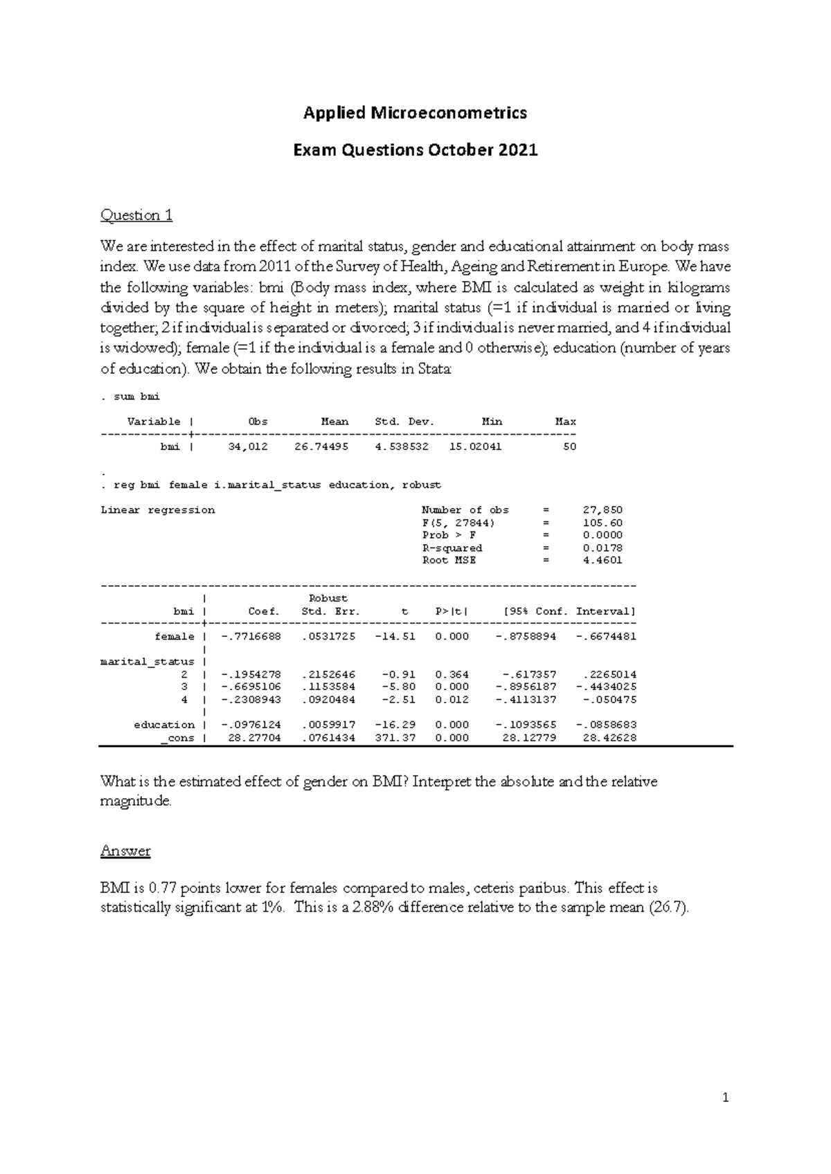 Applied Microeconometrics Exam Questions - October 2021 - Studeersnel