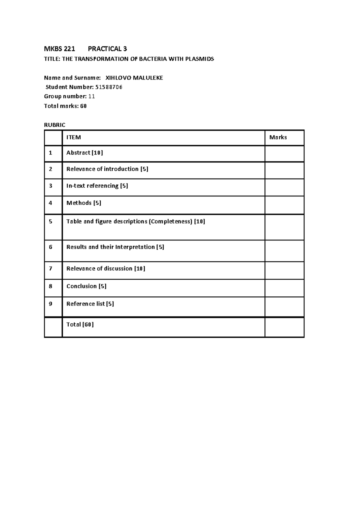 MKBS 221 Practical 3: Transformation of E. coli with Plasmids - Studocu