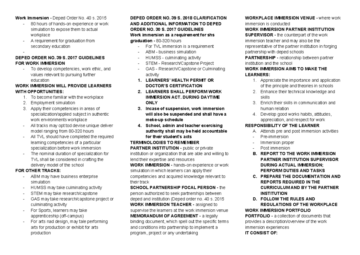 Immersion Q3 Reviewer - asdfghjkl - Work Immersion - Deped Order No. 40 ...