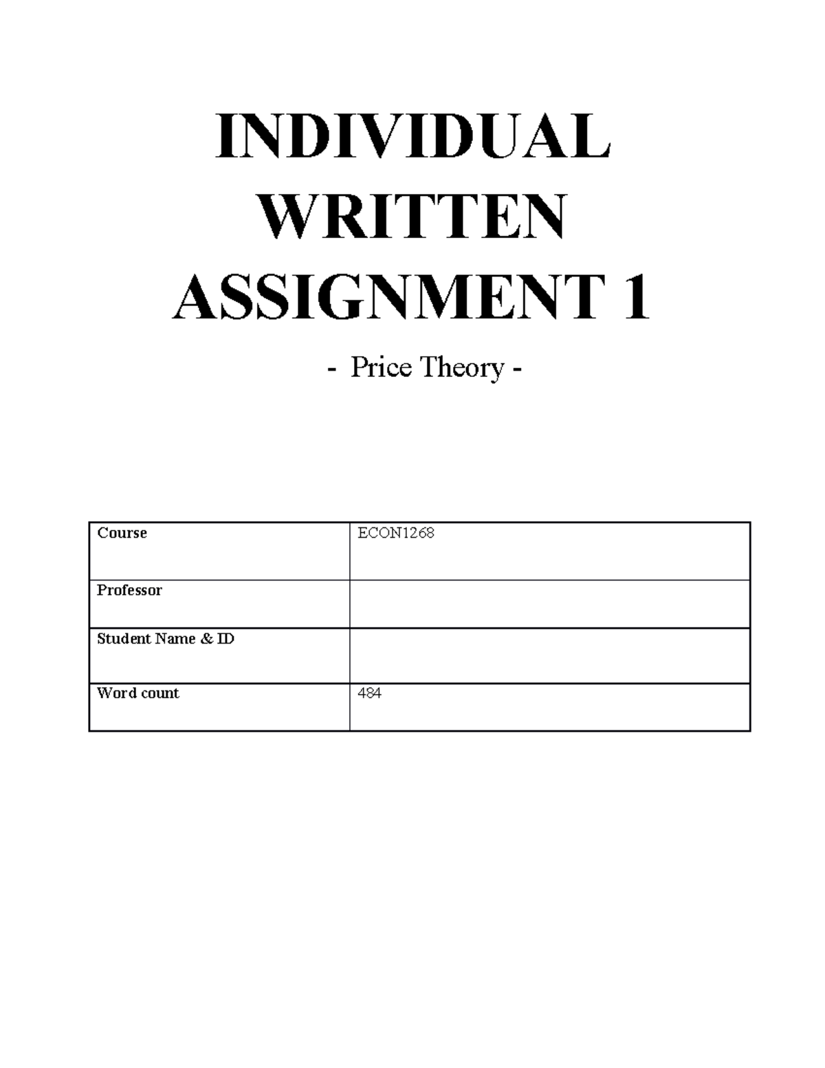 ECON1268 - ASM1 - INDIVIDUAL WRITTEN ASSIGNMENT 1 - Price Theory ...