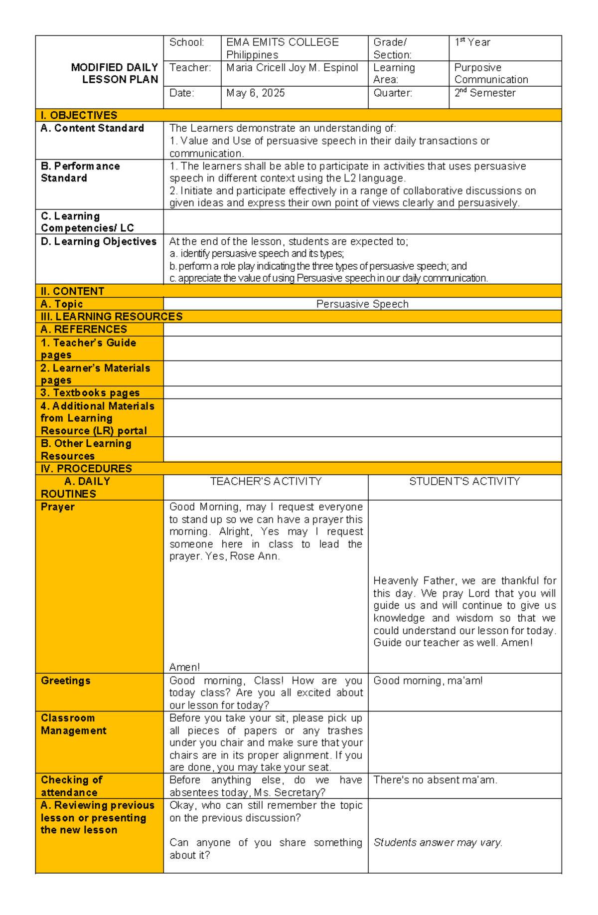 Detailed Lesson Plan for Final Demo: Persuasive Speech (PC 101) - Studocu