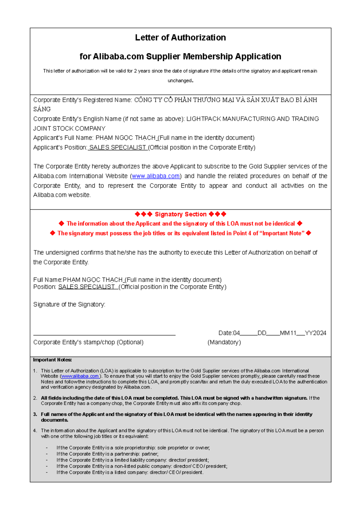 Letter of Authorization - Corporate Entity’s Registered Name: CÔNG TY ...