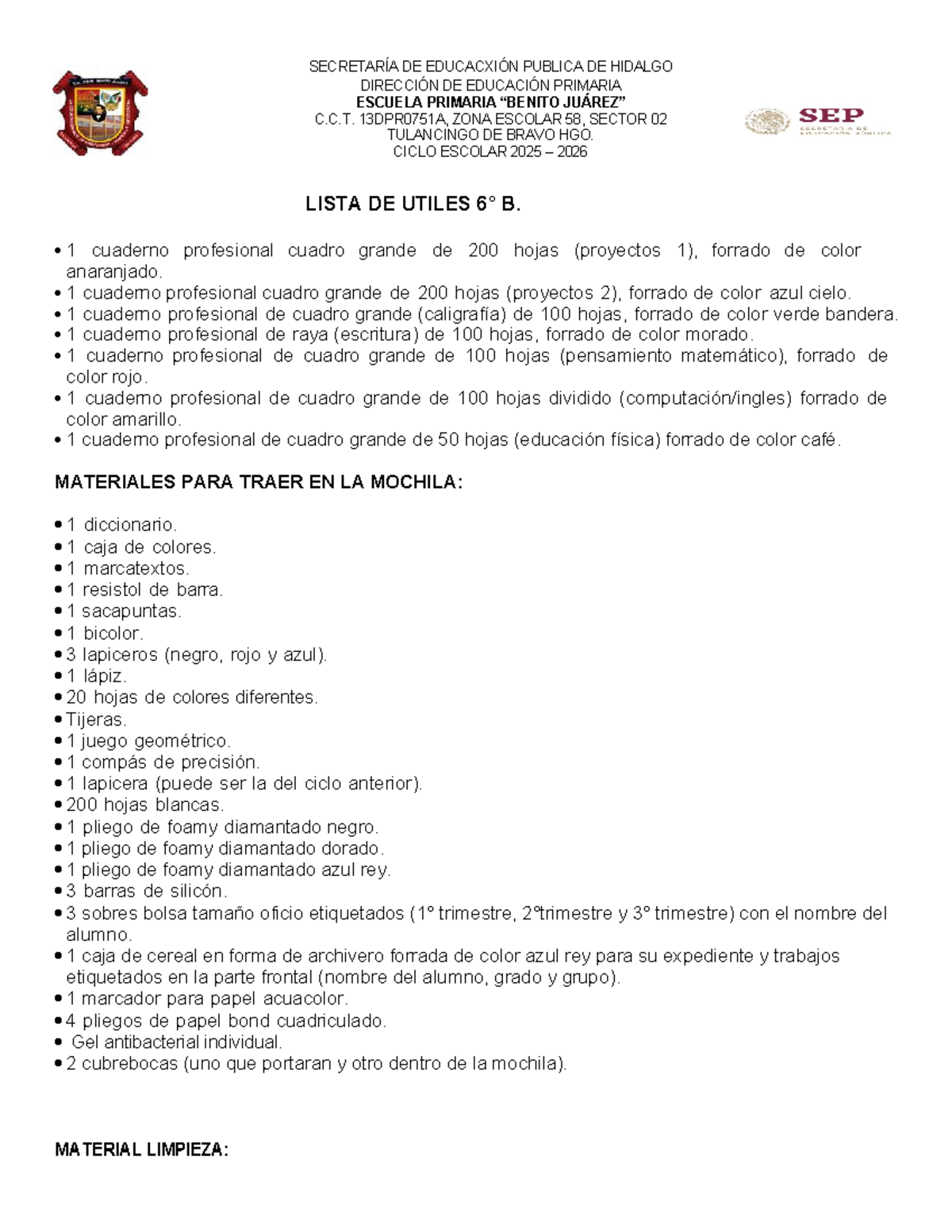Lista de Útiles 6° B 2025-2026 - Secretaría de Educación Pública - Studocu