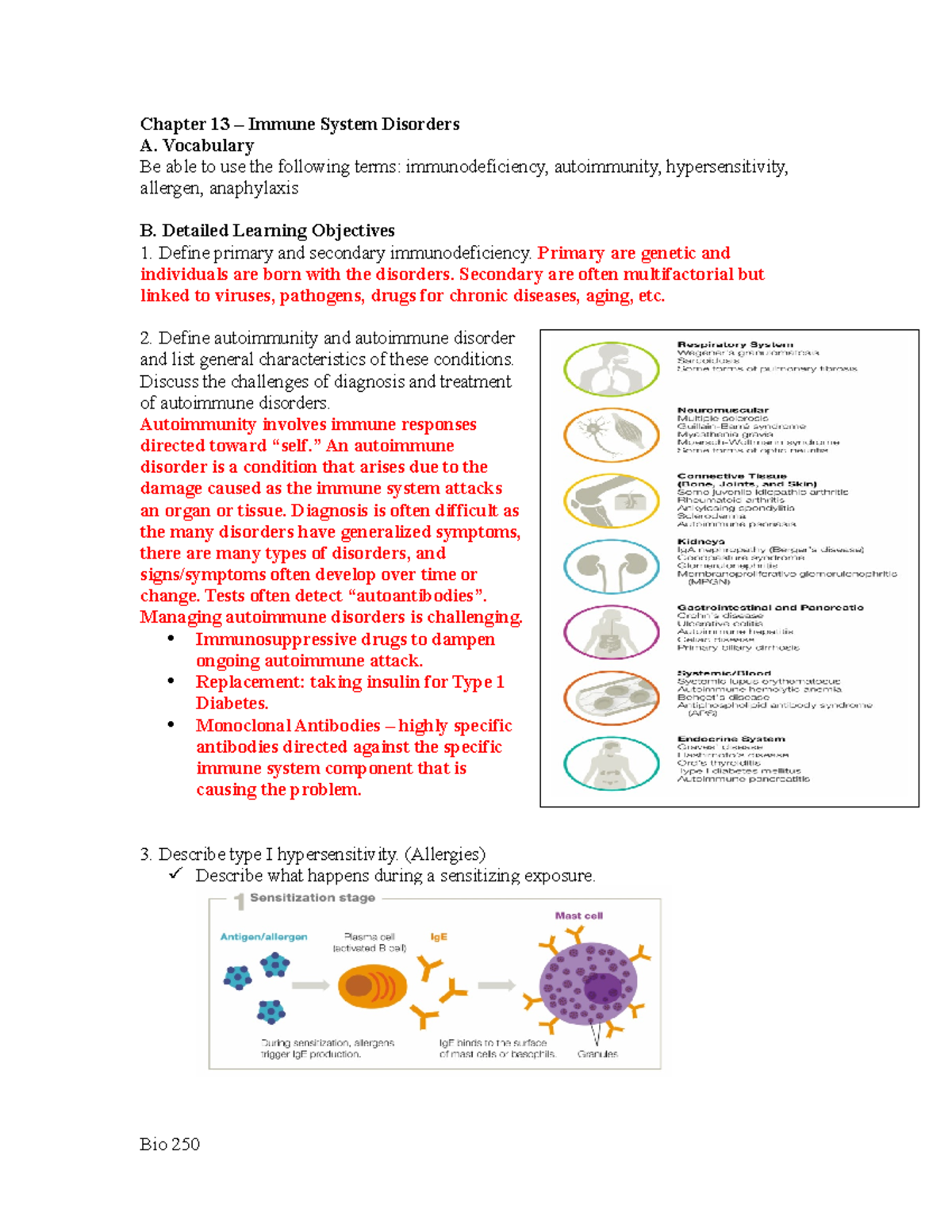 250 TEST 5 Study Guide: Immune System Disorders Overview and Key ...