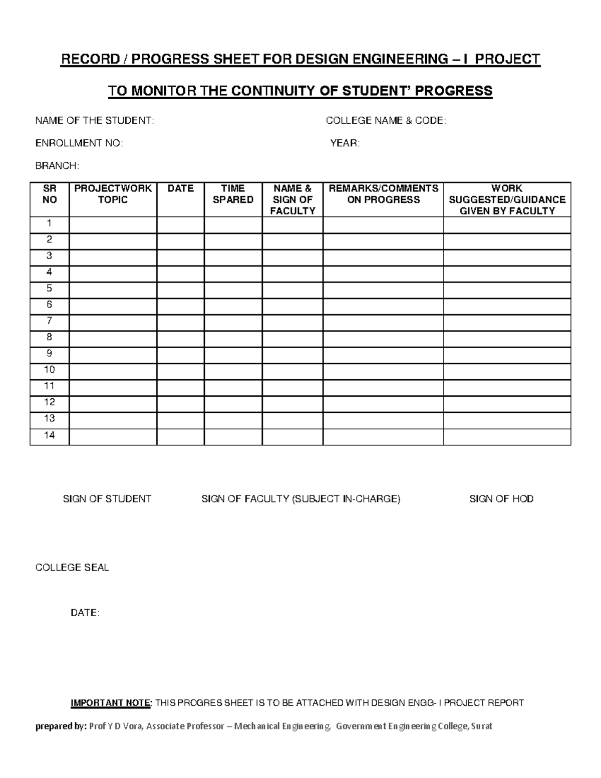 Progress Sheet FOR Design Engineering – I - RECORD / PROGRESS SHEET FOR ...