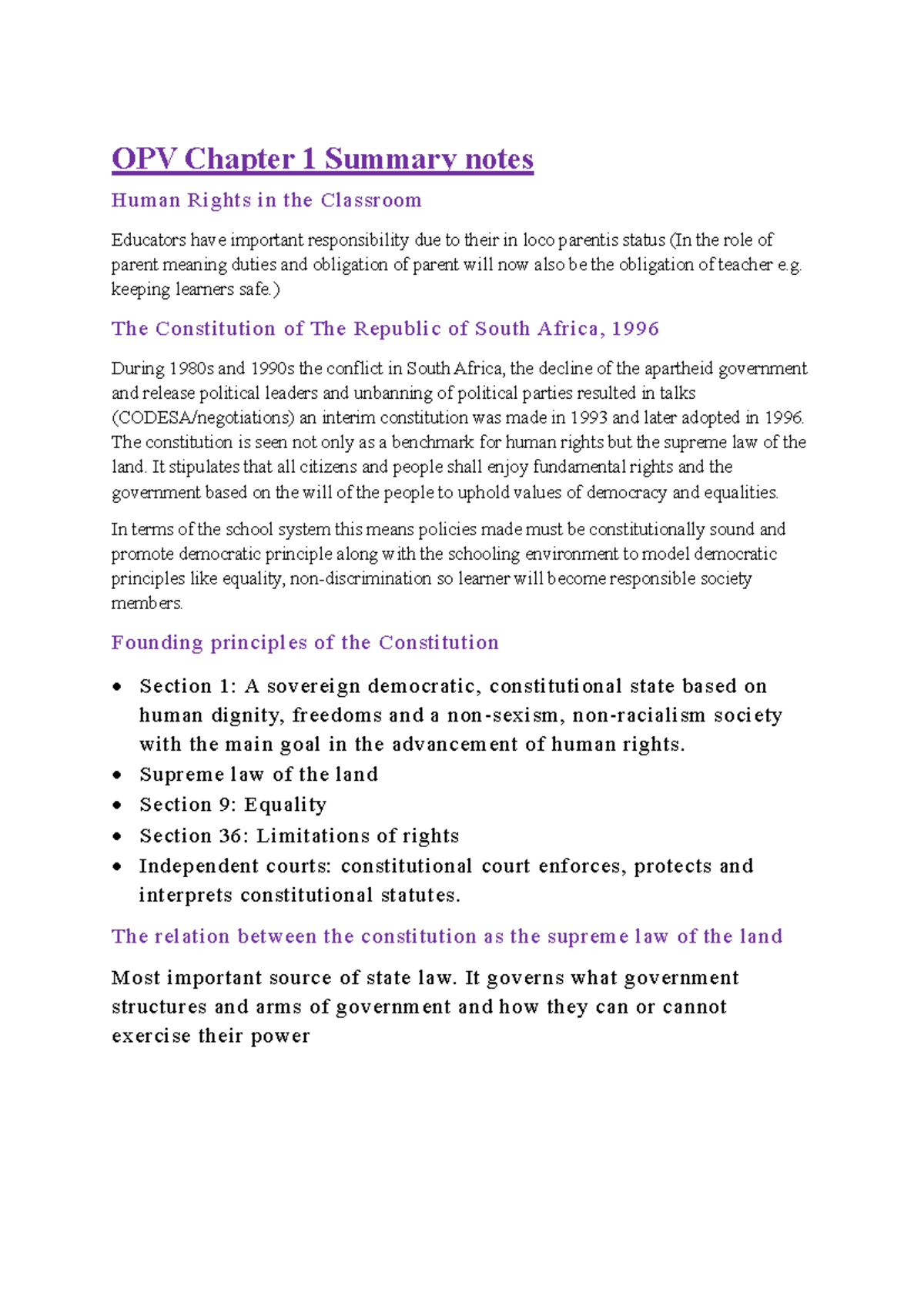 OPV Chapter 1 Summary: Human Rights in the Classroom - Studocu
